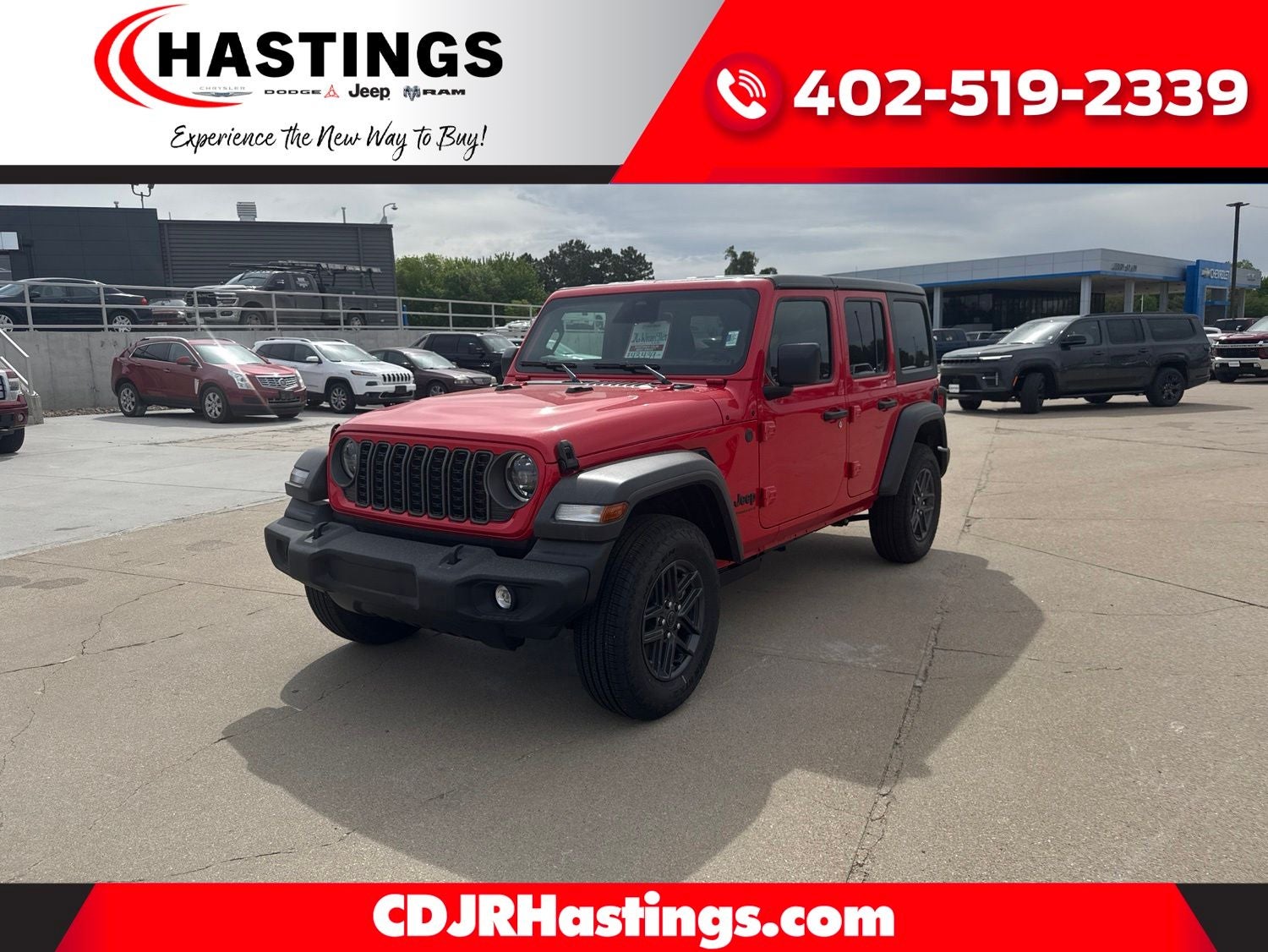 2026 Jeep Wrangler WRANGLER 4-DOOR SPORT S in Firecracker Red Clear-Coat Exterior Paint — front three-quarter view
