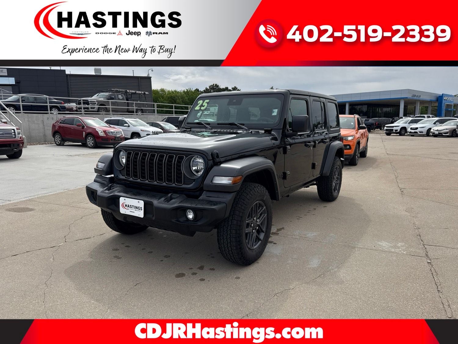 2025 Jeep Wrangler WRANGLER 4-DOOR SPORT S in Black Clear-Coat Exterior Paint — front three-quarter view