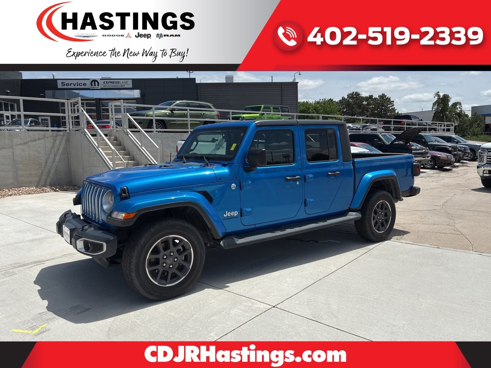 2021 Jeep Gladiator Overland 4x4 in Hydro Blue Pearlcoat — front three-quarter view