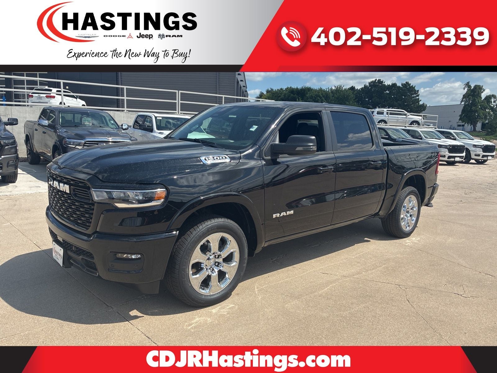 2026 RAM Ram 1500 RAM 1500 BIG HORN CREW CAB 4X4 5'7' BOX in Diamond Black Crystal Pearl-Coat Exterior Paint — front three-quarter view