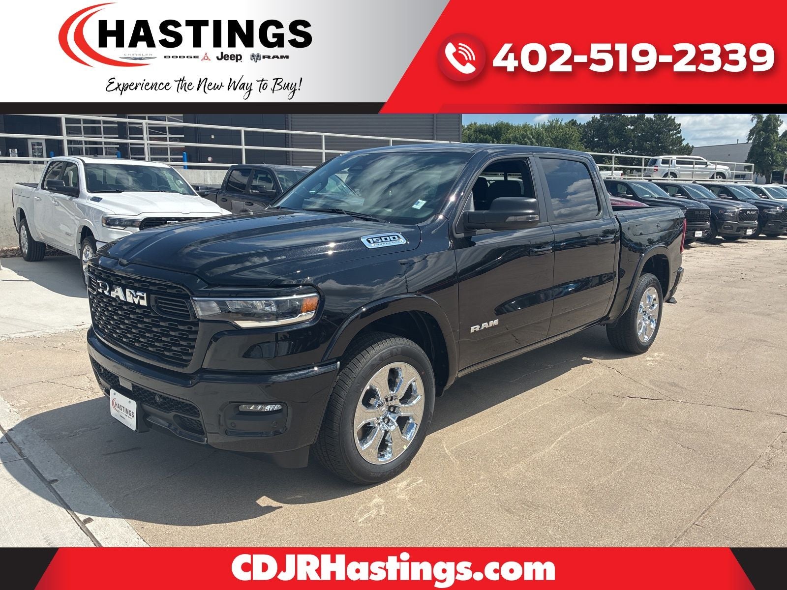 2026 RAM Ram 1500 RAM 1500 BIG HORN CREW CAB 4X4 5'7' BOX in Diamond Black Crystal Pearl-Coat Exterior Paint — front three-quarter view