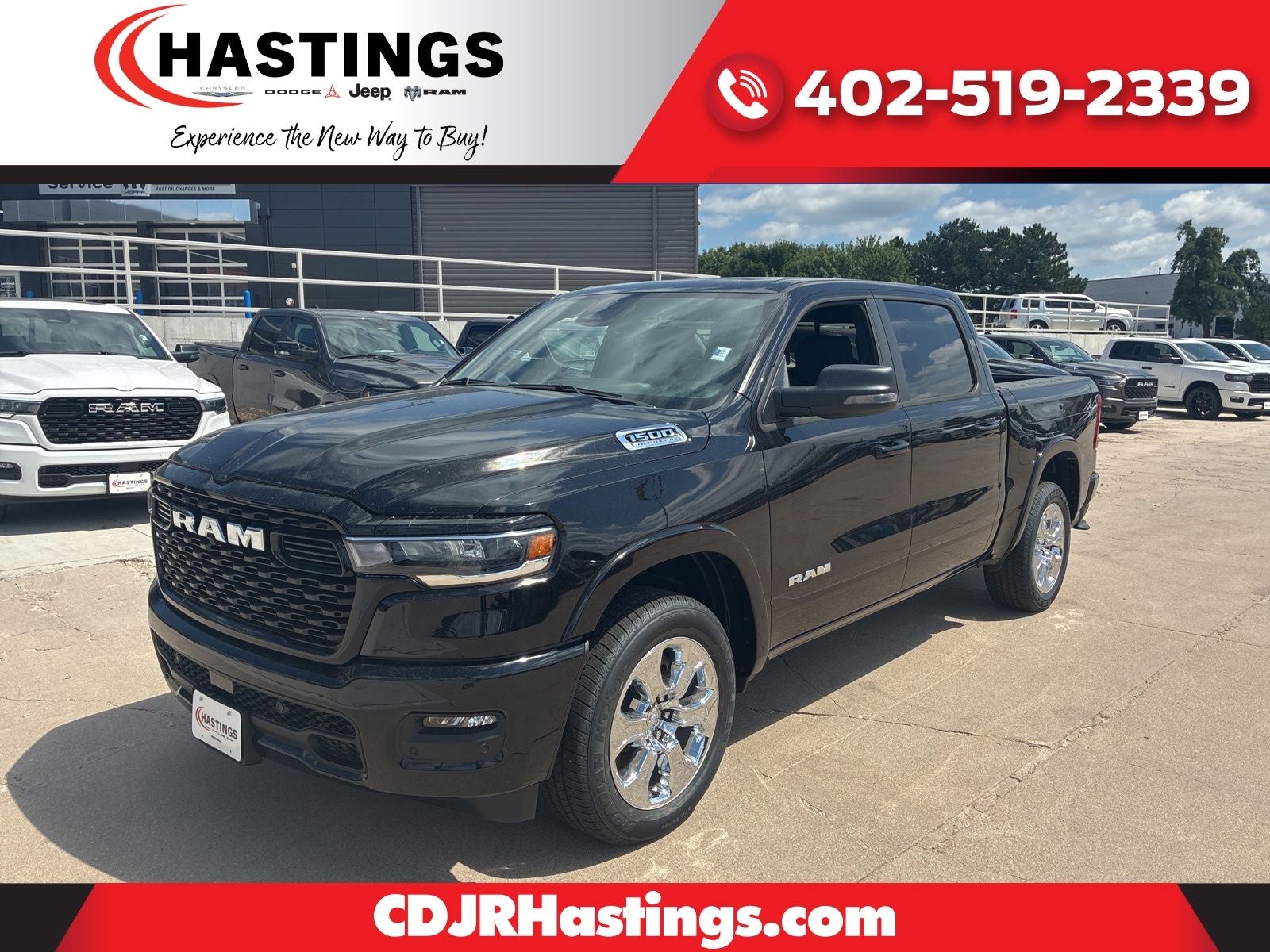 2026 RAM Ram 1500 RAM 1500 BIG HORN CREW CAB 4X4 5'7' BOX in Diamond Black Crystal Pearl-Coat Exterior Paint — front three-quarter view