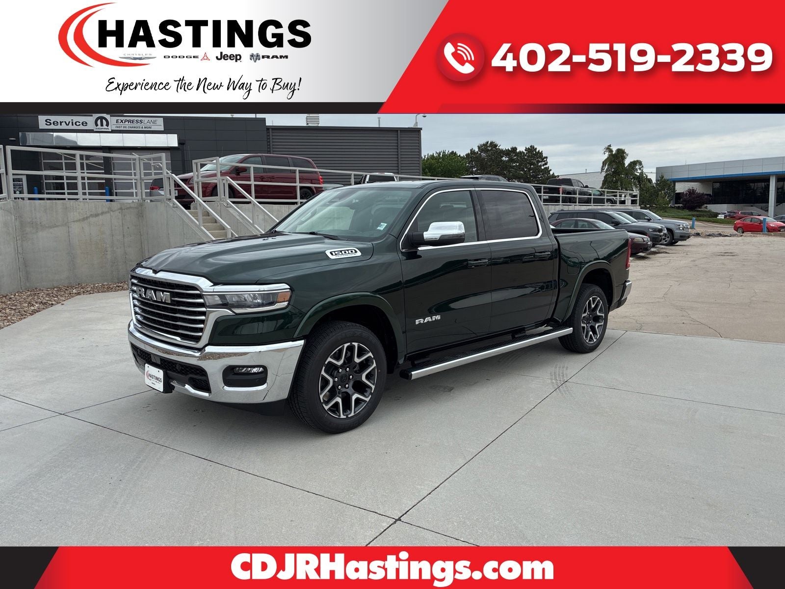 2026 RAM Ram 1500 RAM 1500 LARAMIE CREW CAB 4X4 5'7' BOX in Serrano-Green Metallic Exterior Paint — front three-quarter view