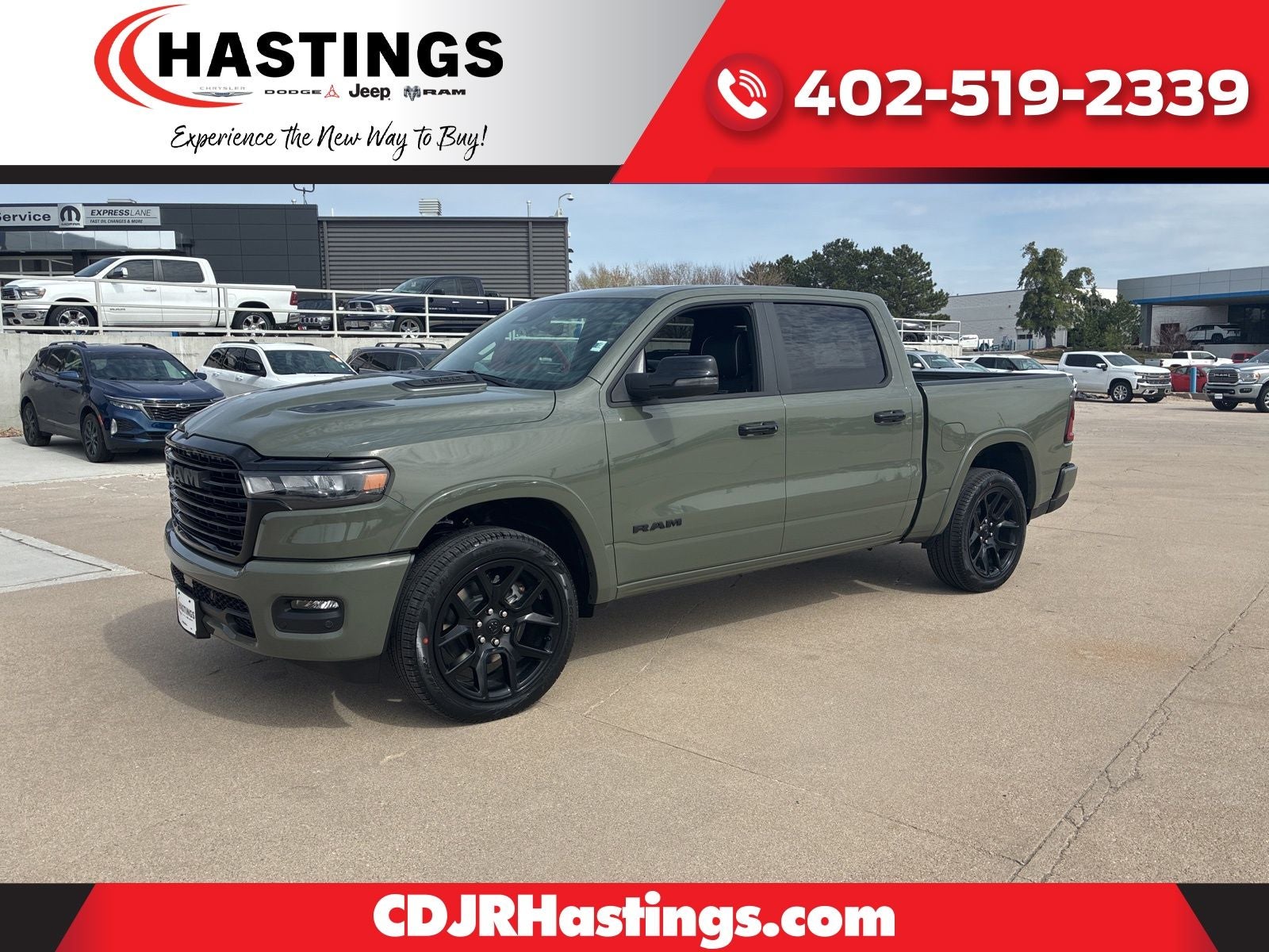 2026 RAM Ram 1500 RAM 1500 LARAMIE CREW CAB 4X4 5'7' BOX in Canyon Lake Exterior Paint — front three-quarter view