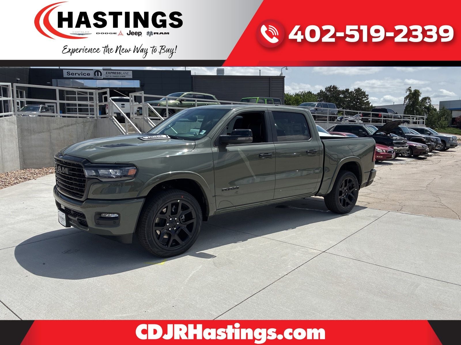 2026 RAM Ram 1500 RAM 1500 LARAMIE CREW CAB 4X4 5'7' BOX in Canyon Lake Exterior Paint — front three-quarter view