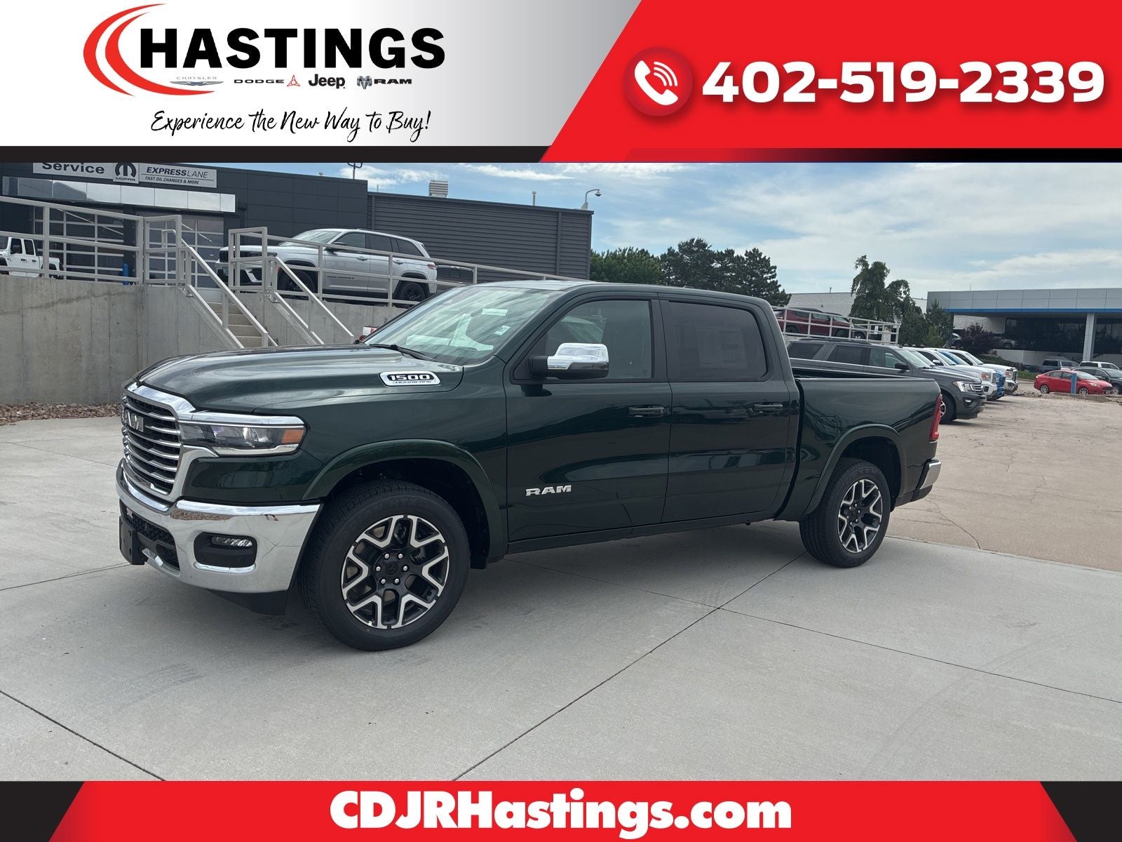 2026 RAM Ram 1500 RAM 1500 LARAMIE CREW CAB 4X4 5'7' BOX in Serrano-Green Metallic Exterior Paint — front three-quarter view