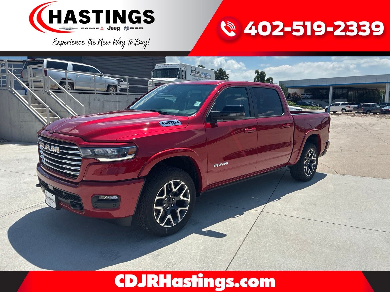 2026 RAM Ram 1500 RAM 1500 LARAMIE CREW CAB 4X4 5'7' BOX in Molten Red Pearl-Coat Exterior Paint — front three-quarter view